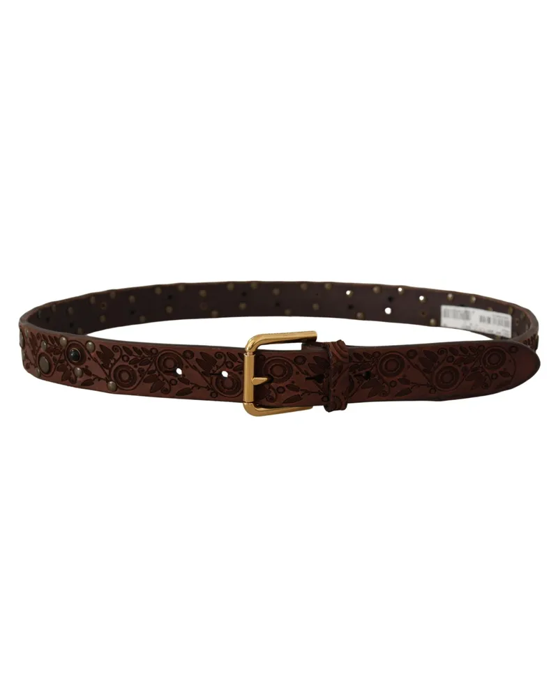 Dolce & Gabbana Men's Brown Calf Leather Embossed Gold Metal Buckle Accessory Brown