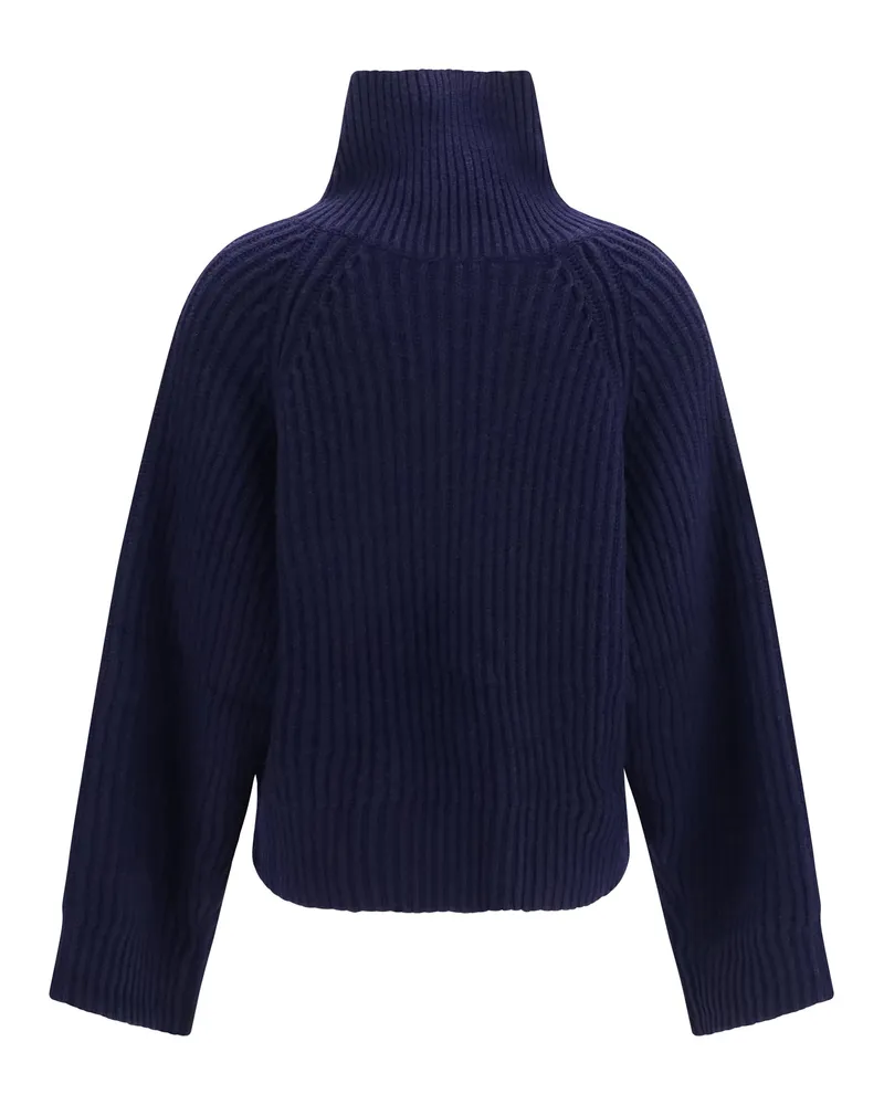 Ganni Merino Wool Zip-Neck Sweater — Navy Navy