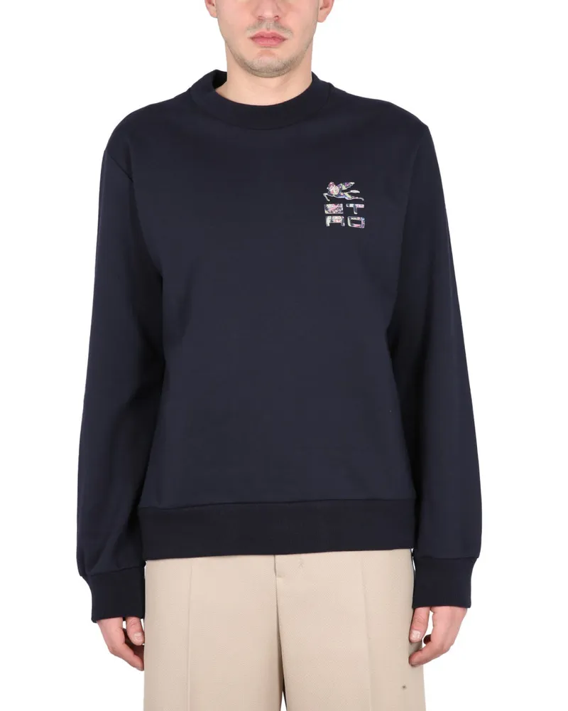 Etro Logo-Embroidered Crewneck Sweatshirt — Blue Blue