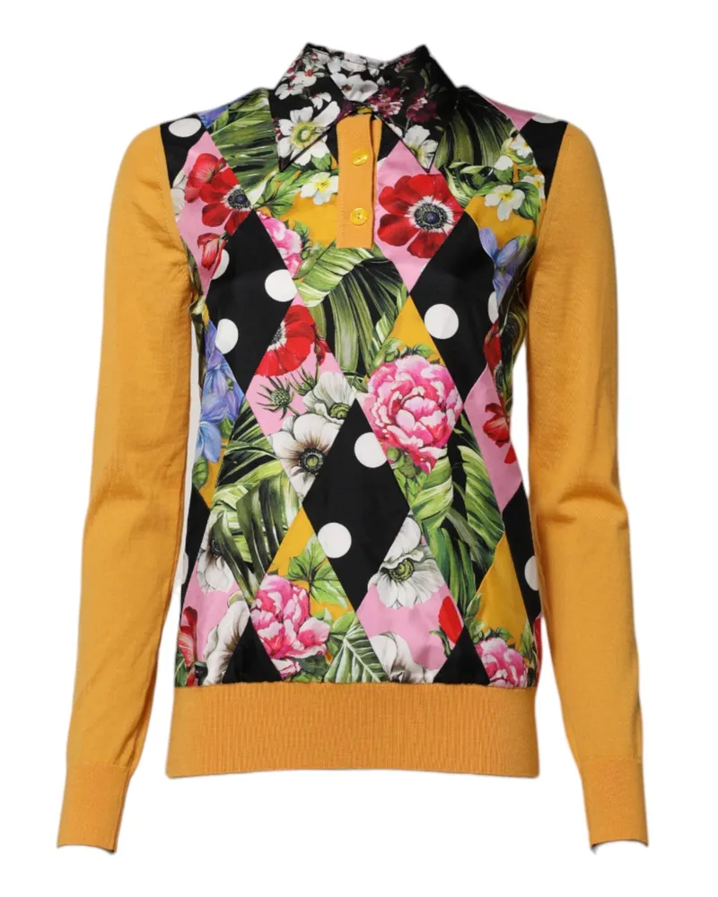 Dolce & Gabbana Women's Multicolor Floral Long Sleeves Polo Top Cashmere Silk Nylon Yellow