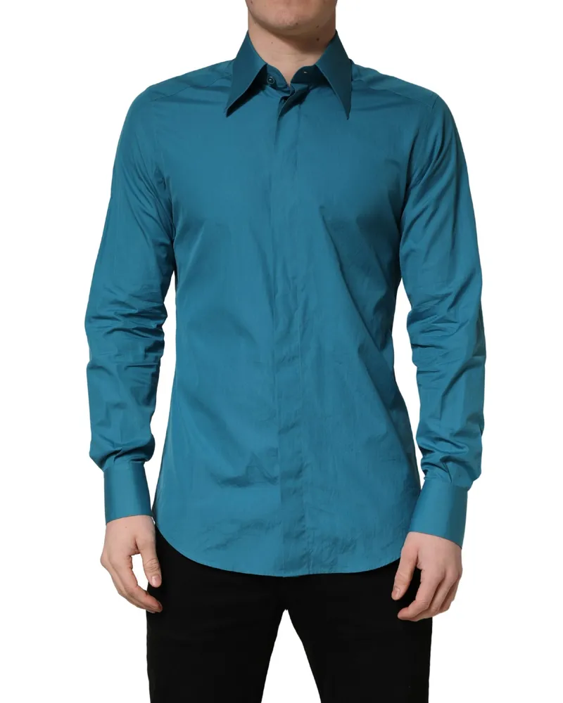 Dolce & Gabbana Men's Blue Sartoria Long Sleeve Cotton Dress Shirt Blue