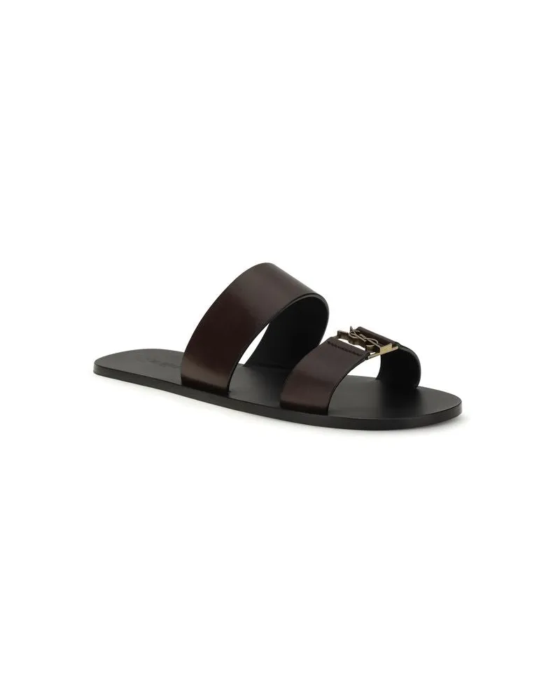 Saint Laurent Men's Brown Calf Leather Bos Taurus Flat Sandals Brown