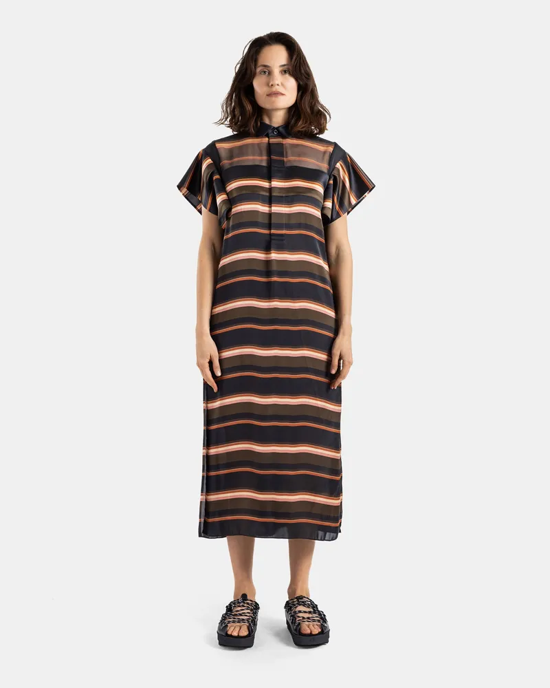 Sacai Women's Oversized Shirt Dress Horizontal Multicolored Stripes Khaki Brown