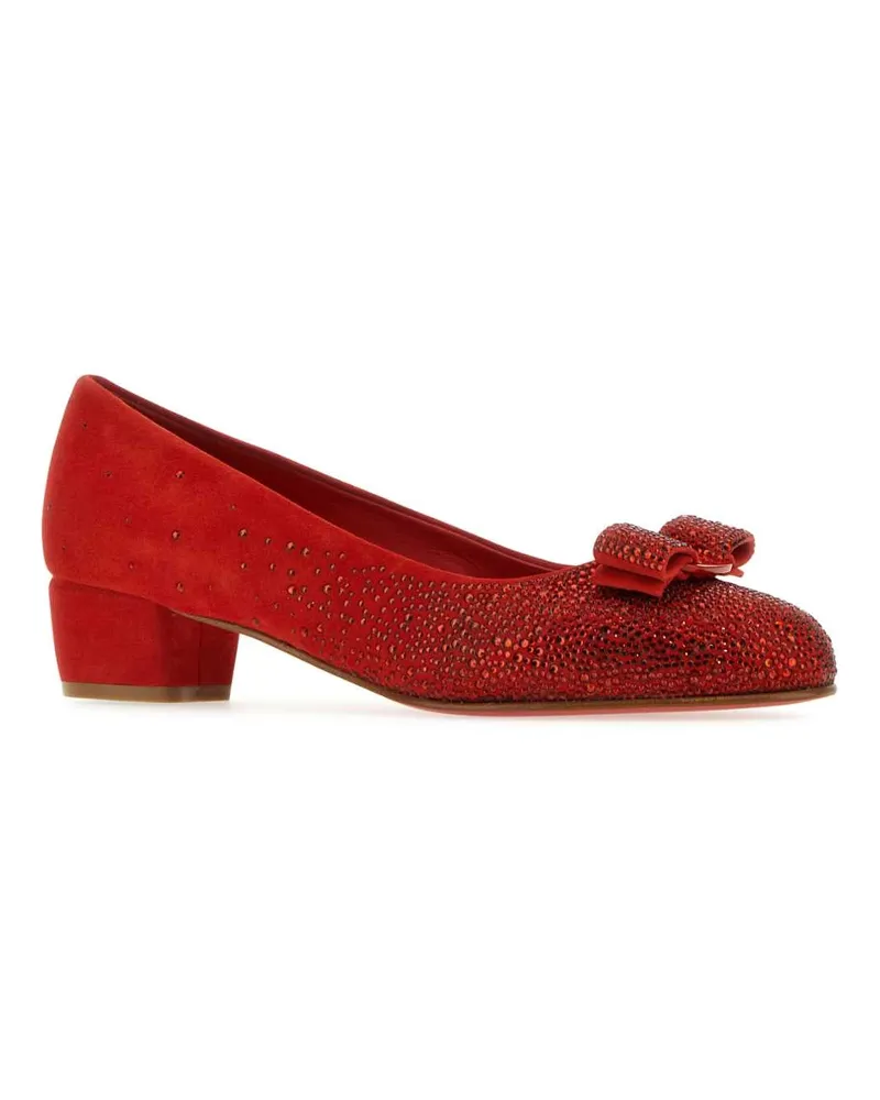 Ferragamo Women's Red Suede Vara Pumps Flamered Scarpe Con Tacco High Heel Shoes Red