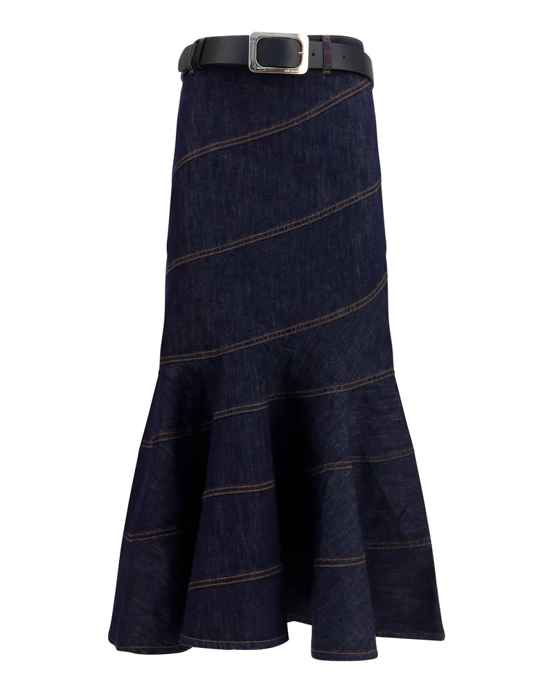 Self-Portrait Women's Midi Denim Skirt With Belt Blue Cotton Blue