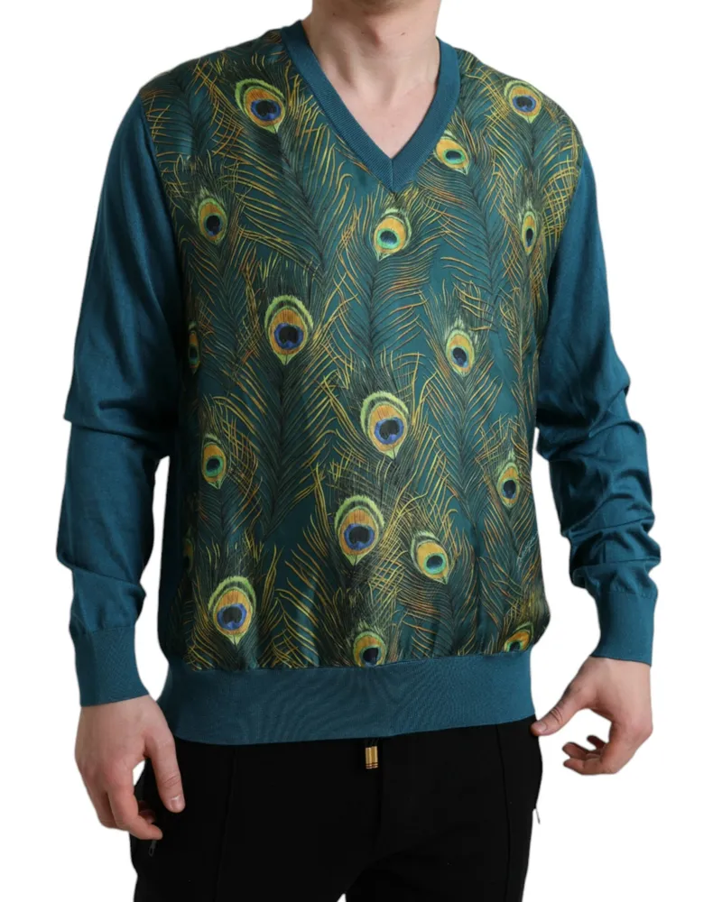 Dolce & Gabbana Men's Peacock Feather Jacquard Sweater Green Silk Green