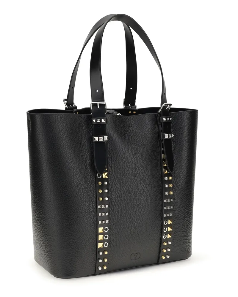 Valentino Garavani Men's Rockstud Medium Tote Bag Nero Calf Leather Bos Taurus Shoulder Black