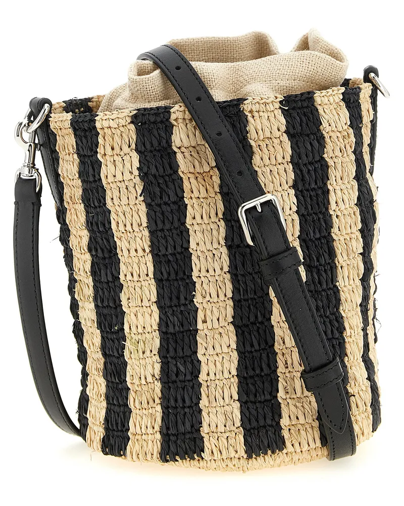 Valentino Garavani Hand-Woven Raffia Striped Bucket Bag — Black Black