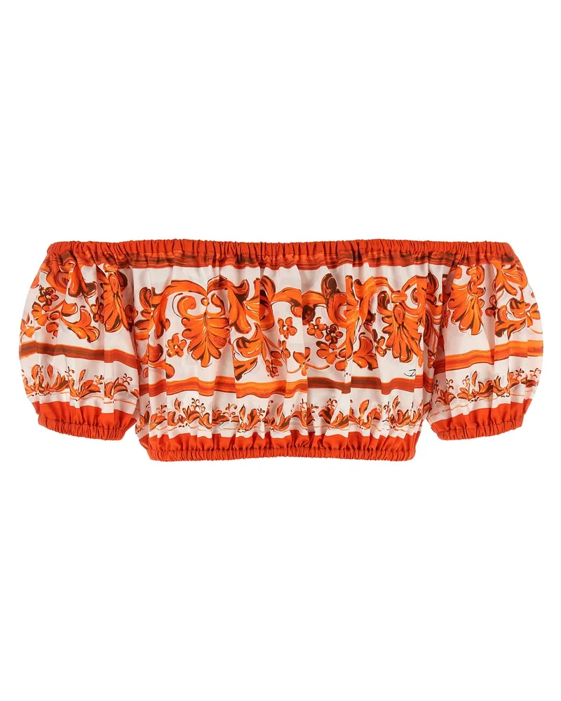 Dolce & Gabbana Maiolica-Print Cotton Poplin Blouse — Orange Orange