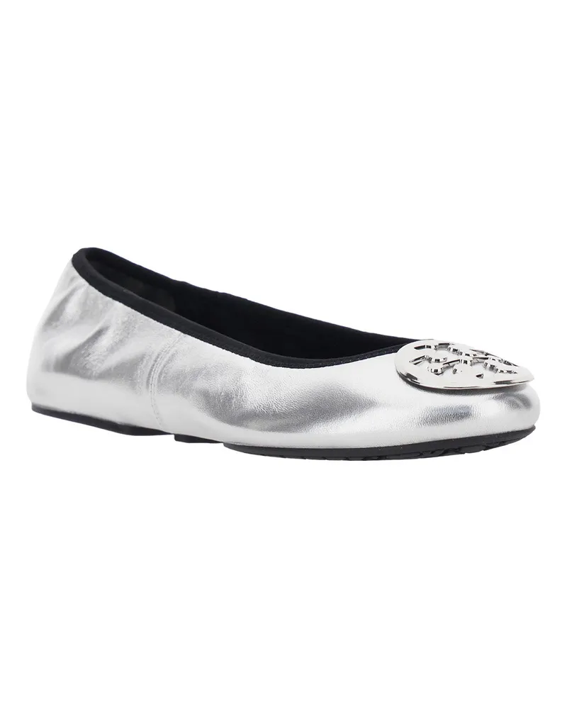 Tory Burch Women's Ballet Flats Metallic Leather Ovine Ballerina Shoes Silver