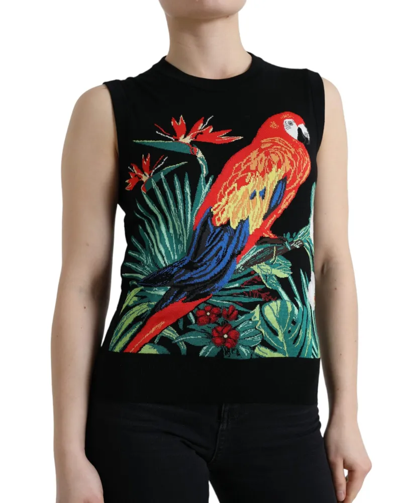 Dolce & Gabbana Women's Black Bird Wool Knit Sleeveless Tank T-Shirt Virgin Silk Black