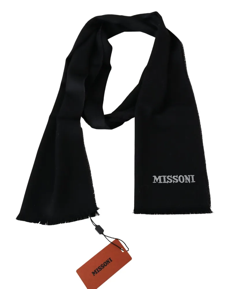 Missoni Men's Black Wool Unisex Neck Wrap Fringes Logo Scarf Black
