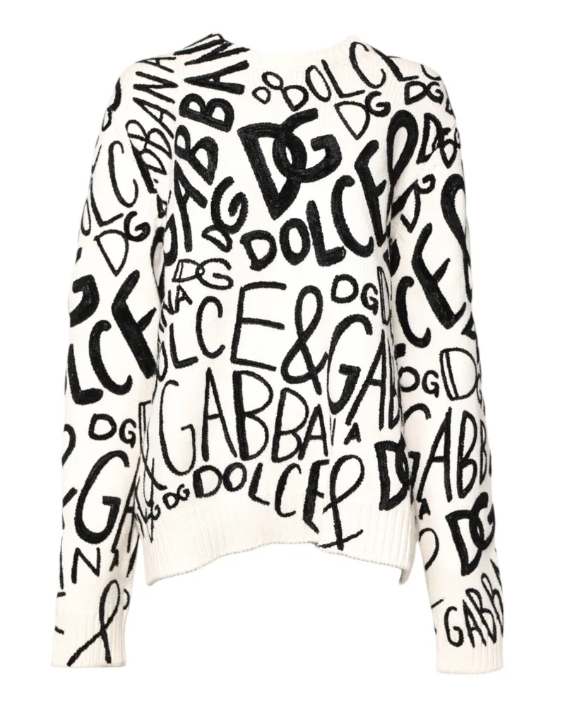 Dolce & Gabbana White Black Logo Print Women Pullover Sweater And Cashmere Viscose Wool Clothing White