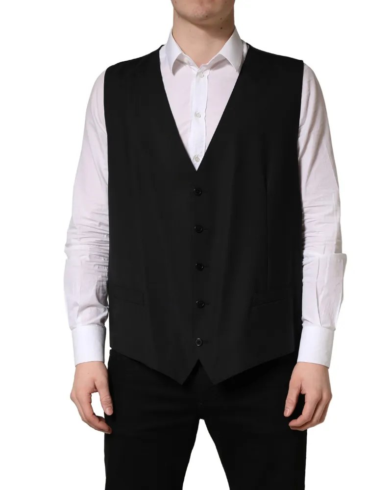 Dolce & Gabbana Men's Black Wool Single Breasted Waistcoat Vest Virgin Elastane Clothing Black