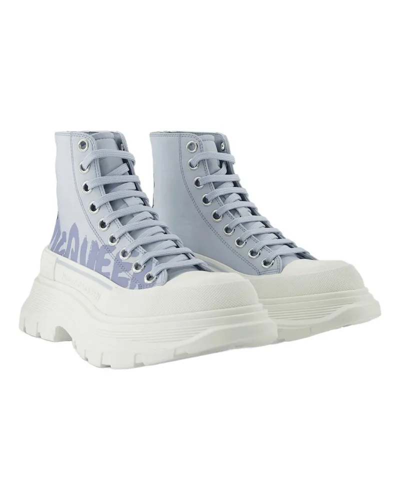 Alexander McQueen Women's Tread Slick Sneakers Black-White Leather Shoes Blue