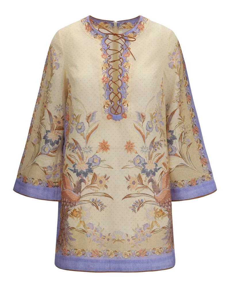Zimmermann Women's Tunic Dress Indra Biscuit Floral Scarf Linen Beige