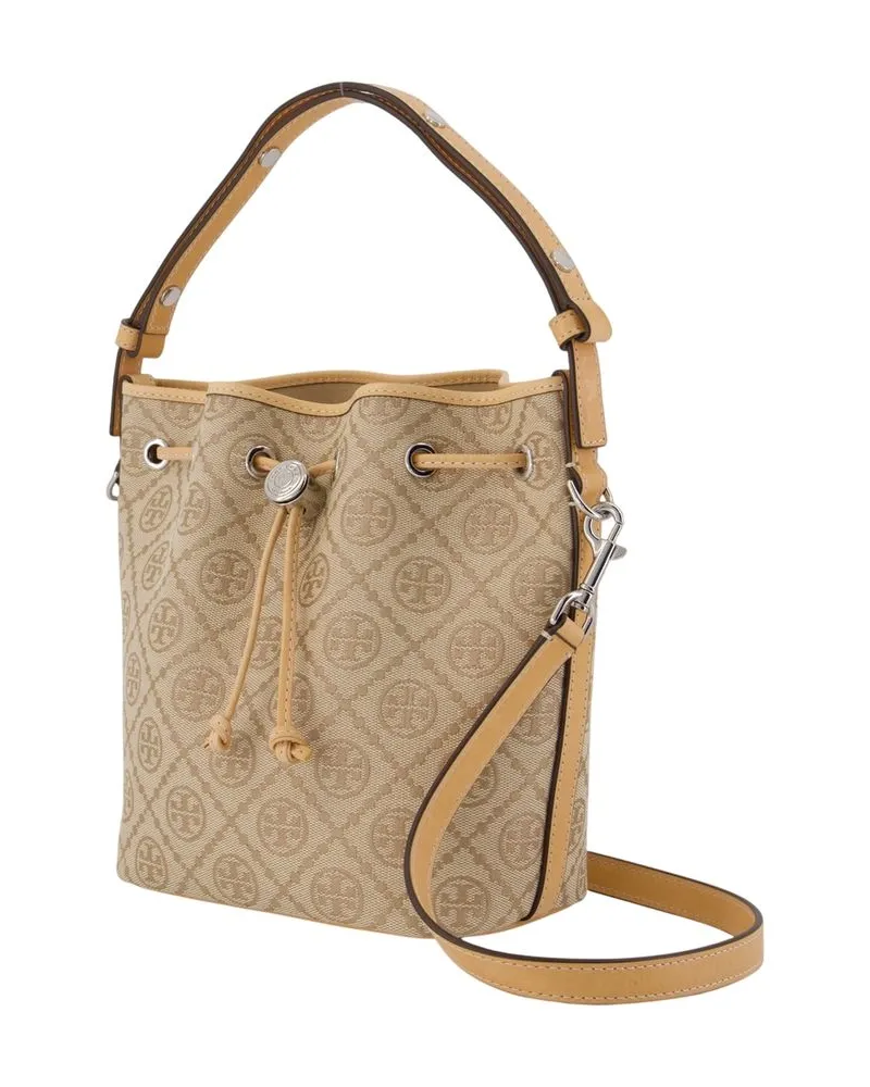 Tory Burch Women's T-Monogram Bucket Bag -  Leather Beige Calfskin Handbags-Purses Beige