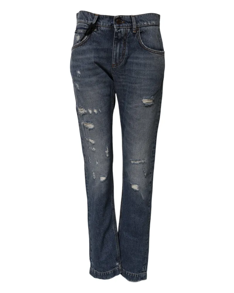 Dolce & Gabbana Women's Blue Cotton Tattered Boyfriend Denim Jeans Clothing Blue