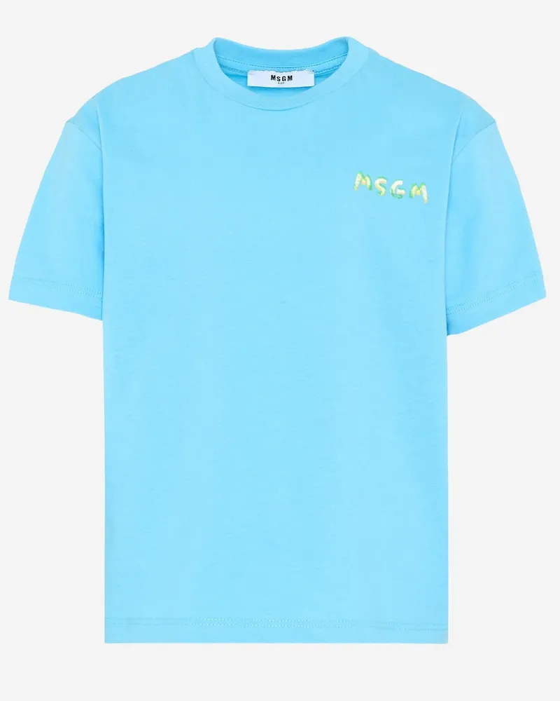 MSGM Logo-Embroidered Cotton T-Shirt — Blue Blue