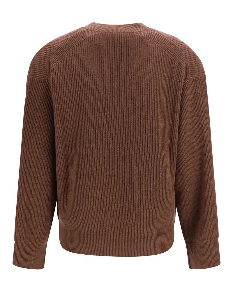 Brunello Cucinelli Ribbed V-Neck Cashmere Sweater — Brown 