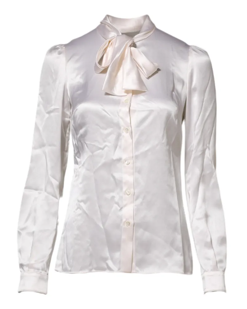 Dolce & Gabbana Women's White Ascot Collar Long Sleeve Blouse Top Silk White