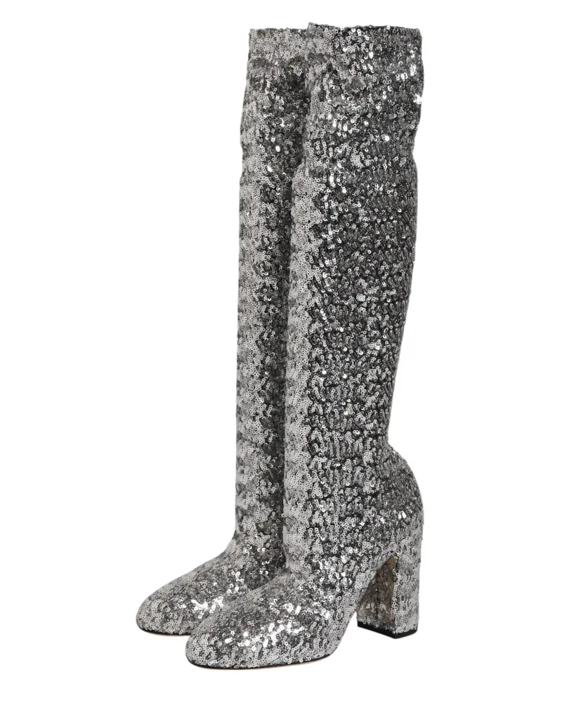 Dolce & Gabbana Women's Shoes Silver Sequins Glitter High Heel Boot Silver