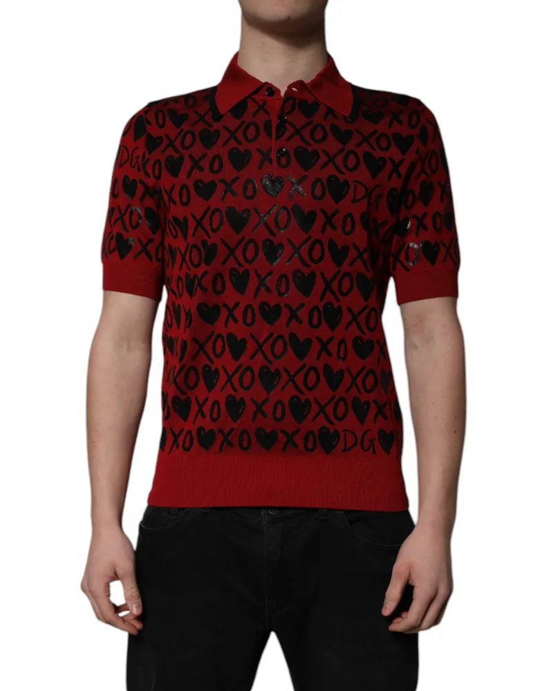 Dolce & Gabbana Men Silk Hearts & Xs Jacquard Polo Red Polyurethane Nylon Red