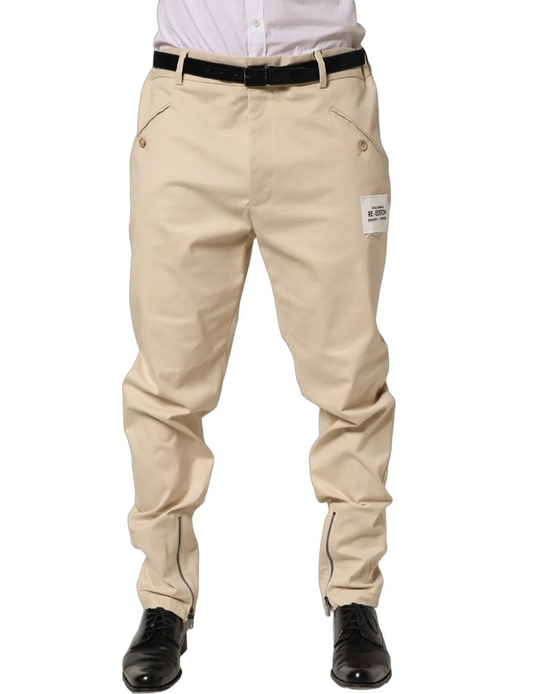 Dolce & Gabbana Beige Re-Editon Mid Waist Tapered Men Pants Cotton Elastane Beige