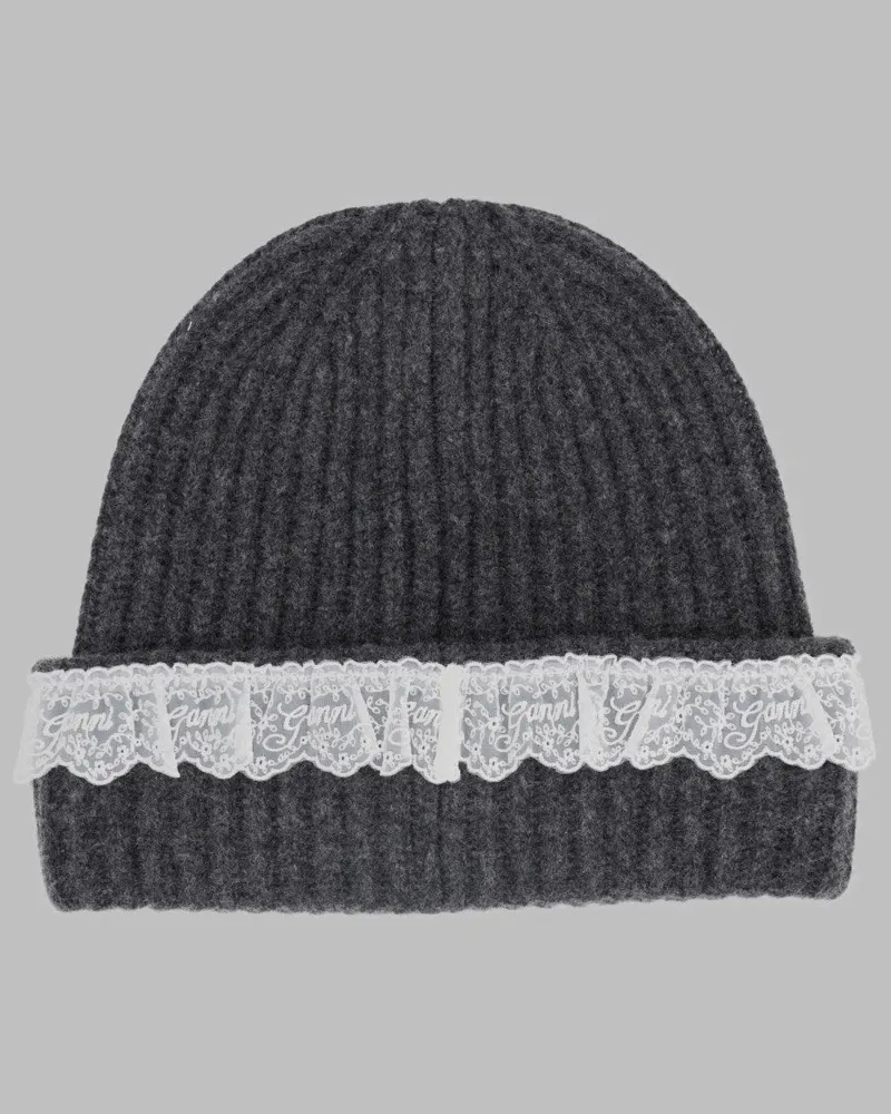 Ganni B3020240_252 Ribbed Wool with Lace Trim Beanie — Gray Gray