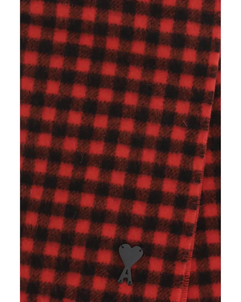 AMI Paris Checked Merino Wool Scarf — Red Red