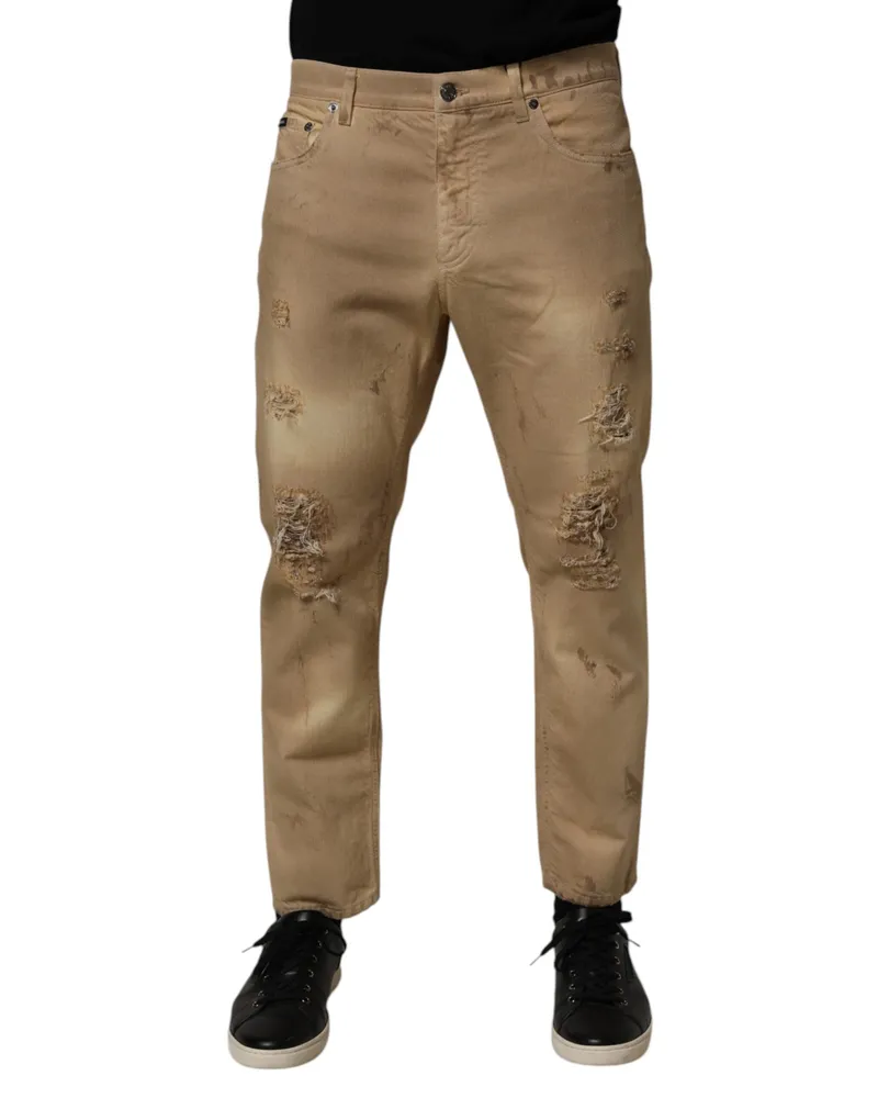 Dolce & Gabbana Beige Cotton Loose Tattered Men Denim Jeans Clothing Beige