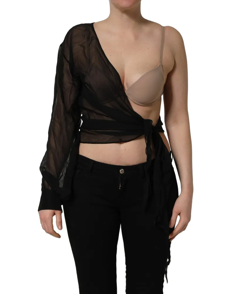 Dolce & Gabbana Women Black Wrap Sheer Chiffon One Shoulder Top Silk Black