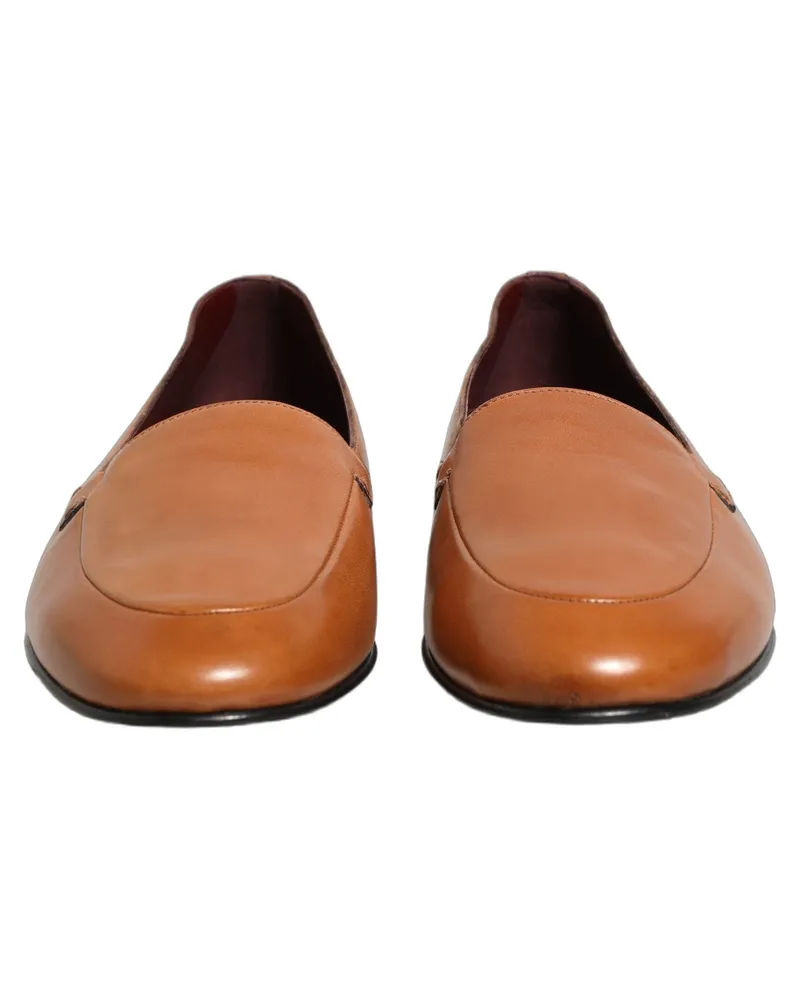 Dolce & Gabbana Brown Leather Logo Slip On Men Loafers Shoes Brown