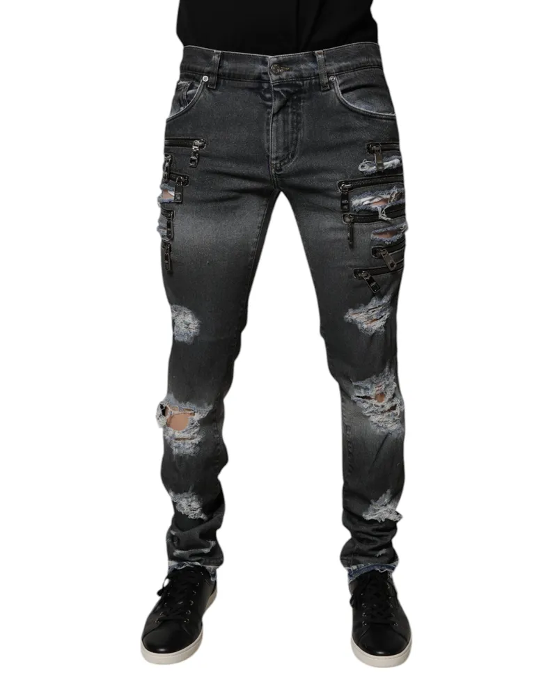 Dolce & Gabbana Men's Dark Gray Tattered Cotton Skinny Denim Jeans Clothing Gray