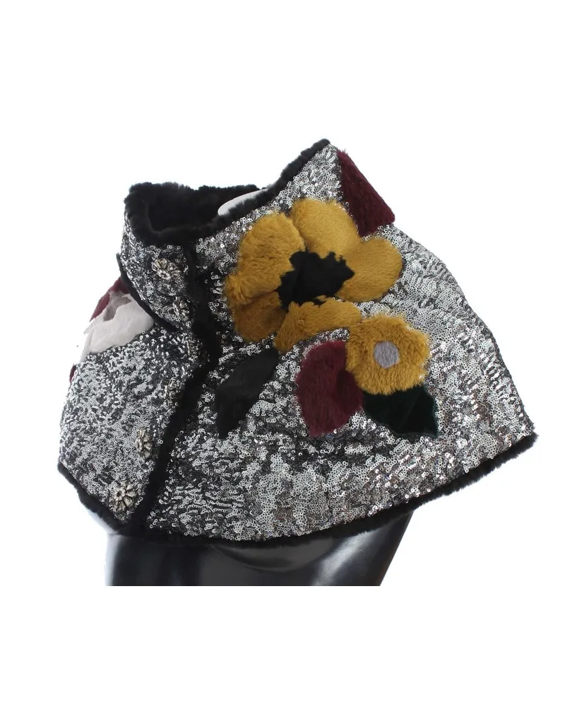 Dolce & Gabbana Women's Silver Sequined Floral Weasel Fur Shoulder Scarf Wrap Silver