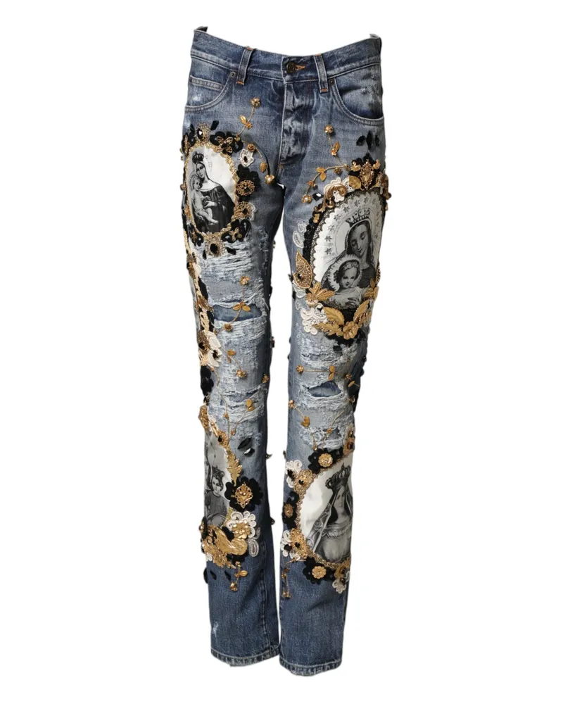 Dolce & Gabbana Men's Blue Ripped Embellished Cotton Denim Jeans Clothing Blue