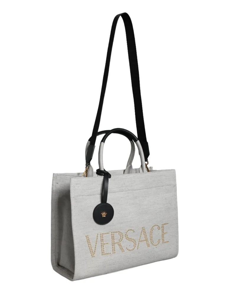 Versace Women's White Top Handle Canvas Leather Logo Crossbody Tote Bag Black-White Black/white White