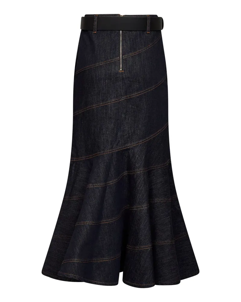 Self-Portrait Women's Midi Denim Belted Skirt, Indigo Blue Cotton Blue