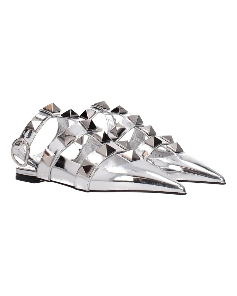 Valentino Garavani Women's Gray Leather Flat Sandals Silver