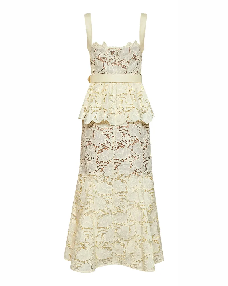 Self-Portrait Women's Midi Dress Yellow Macramé Lace Polyester Yellow