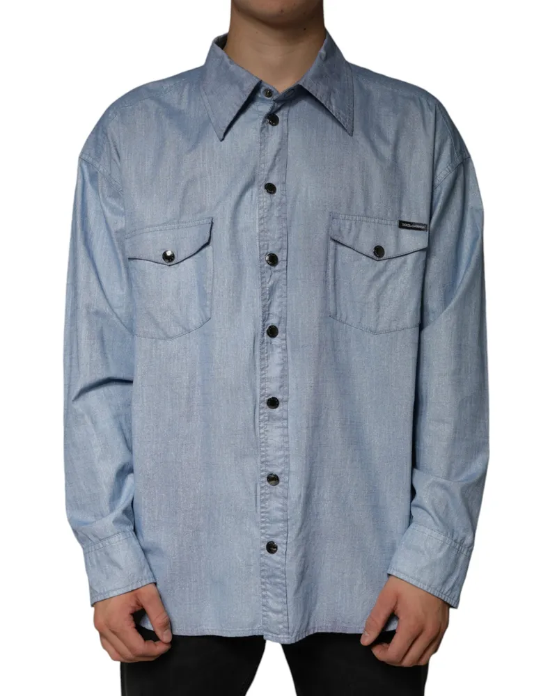 Dolce & Gabbana Men Light Blue Cotton Button Down Casual Shirt Polyester Elastane T-Shirts And Polos Blue