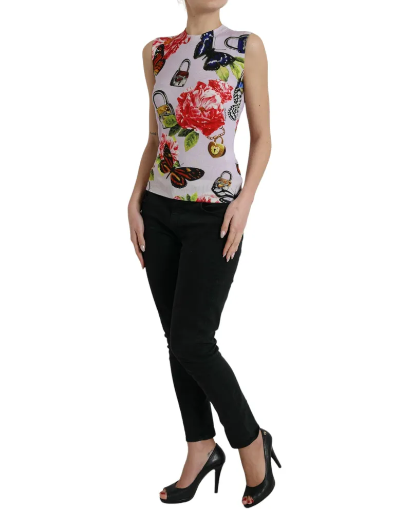 Dolce & Gabbana Women's Multicolor Floral Padlock Butterfly Tank Top Cashmere Silk Lavender