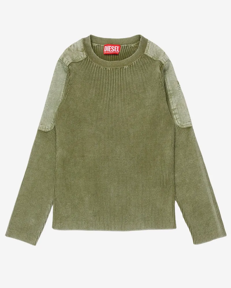 Diesel Cotton Ribbed Knit with Denim Patch Sweater — Green Green