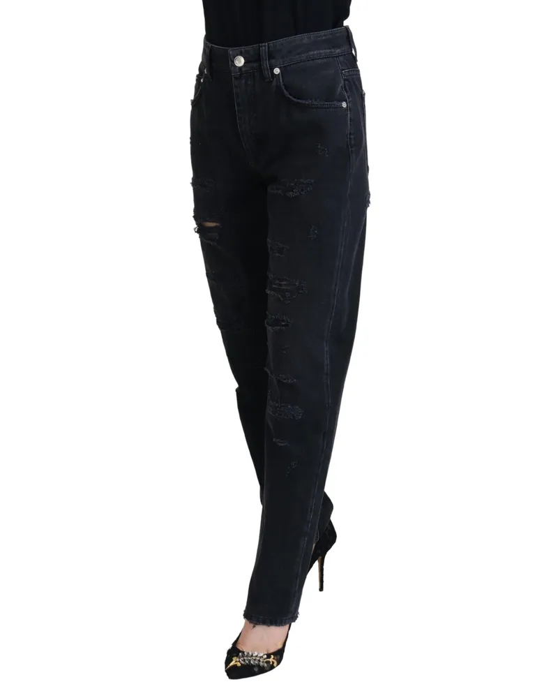 Dolce & Gabbana Women Black Cotton Tattered High Waist Denim Jeans Elastane Clothing Black