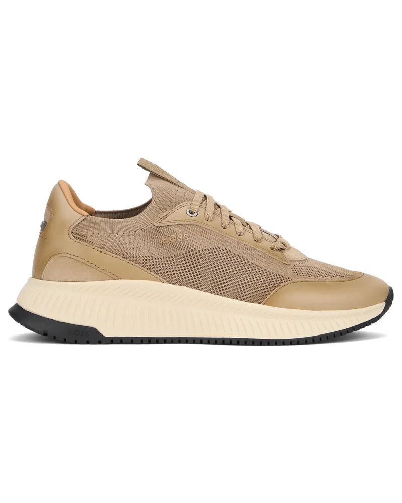 HUGO BOSS Men's Sneakers Mesh Upper Beige Cowhide Leather Trainers Beige