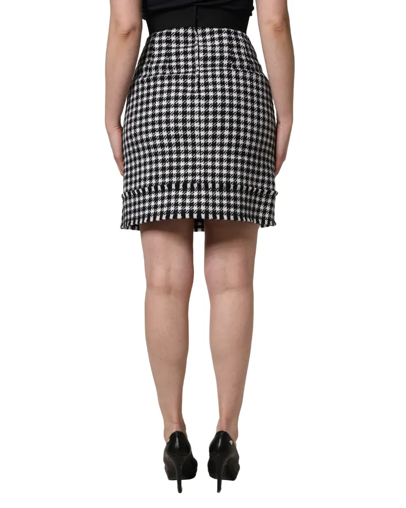 Dolce & Gabbana Women's Black White Houndstooth Highwaist Mini Skirt And Virgin Wool Nylon Black