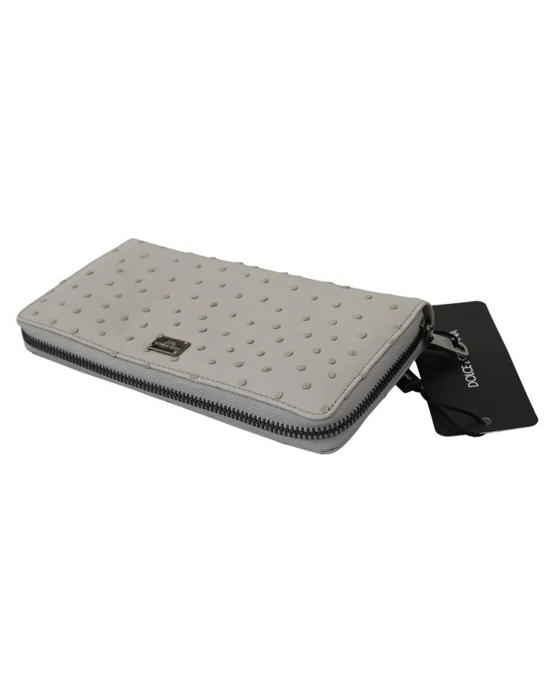 Dolce & Gabbana White Ostrich Leather Continental Mens Clutch Wallet Gray Gray