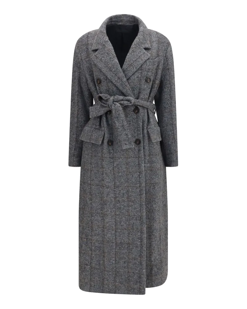 Brunello Cucinelli Women's Long Alpaca-Blend Coat With Belt Grey-Black-Tobacco Grey/black/tobacco Gray