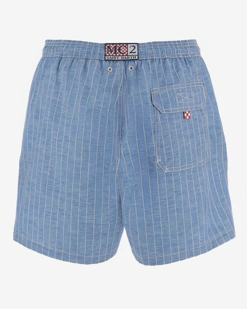 MC2 Saint Barth Men's Swim Shorts Striped Light Blue Polyester Beachwear Sea Clothing Blue