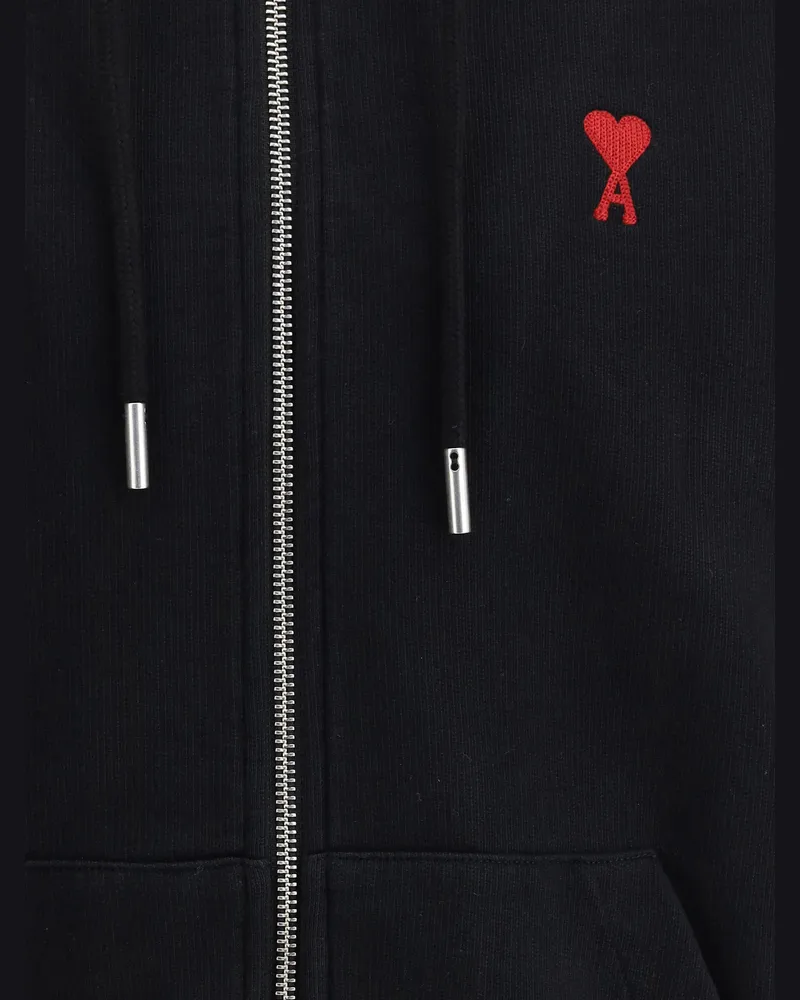 AMI Paris Logo-Embroidered Cotton Hoodie — Black Black